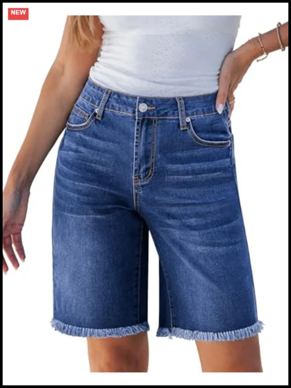 Stretch Denim Bermuda Shorts for Women Mid-Rise Raw Hem Knee Length 10